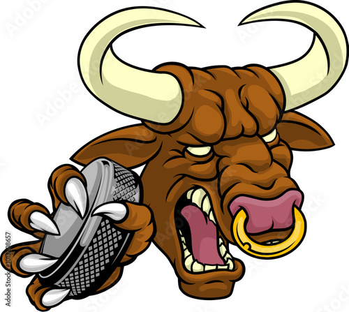 A bull or Minotaur monster longhorn cow angry mean ice hockey mascot cartoon character.