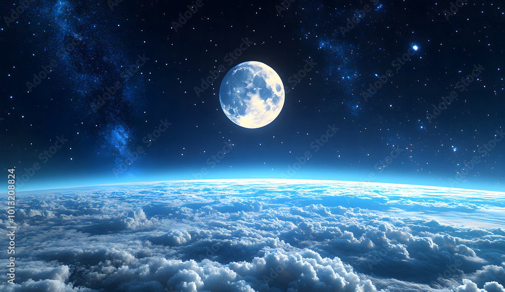 Fototapeta premium Bright Full Moon Above Clouds and Starry Night Sky, Mesmerizing Celestial Landscape, Tranquil and Mystical Atmosphere for Nighttime Themes design