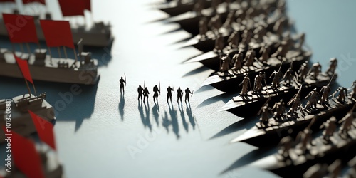 Toy soldiers marching towards a fleet of ships photo