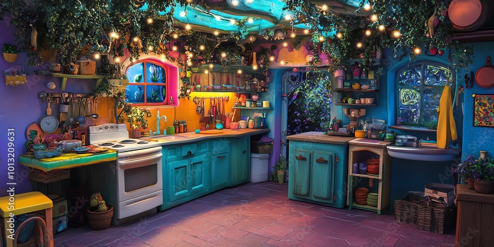 High-angle view of a whimsical kitchen, enchanted forest spilling in, delicate fairy lights illuminating, vibrant colors bursting with life, cozy ambience awaits High-angle view of a whimsical kitchen, enchanted forest spilling in, delicate fairy lights illuminating, vibrant colors bursting with life, cozy ambience awaits