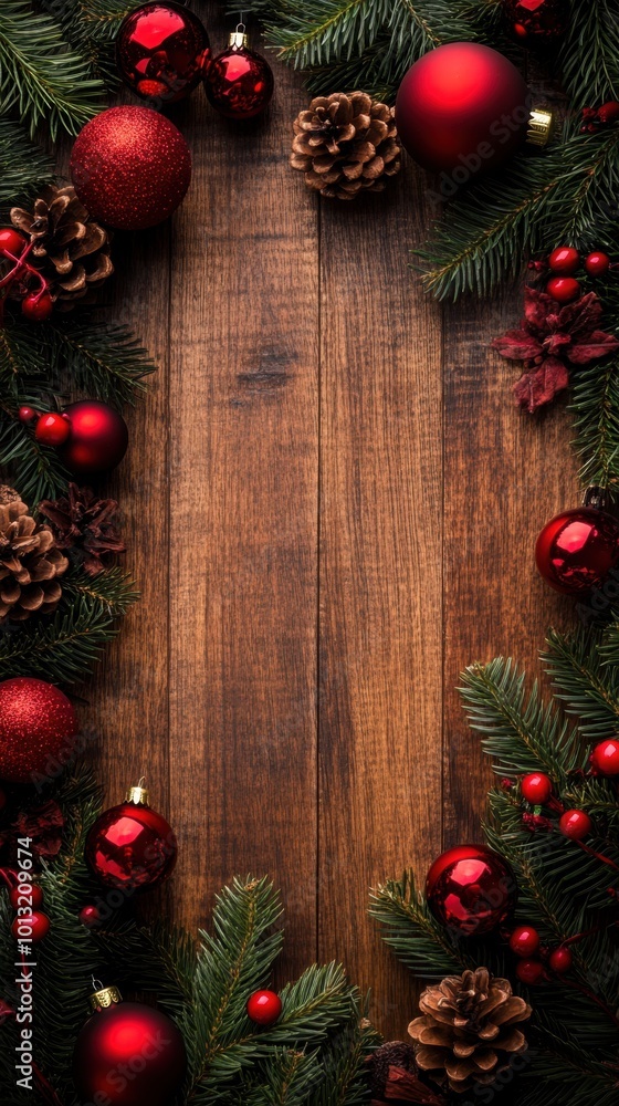 A festive arrangement of red ornaments and pine cones on a wooden background for holiday decor. A festive arrangement of red ornaments and pine cones on a wooden background for holiday decor.