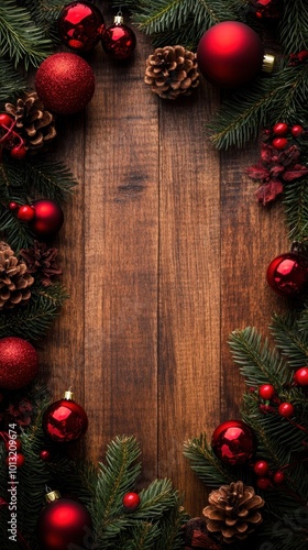 A festive arrangement of red ornaments and pine cones on a wooden background for holiday decor.
