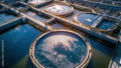 Large outdoor wastewater treatment plant with circular tanks reflecting sunlight in the morning