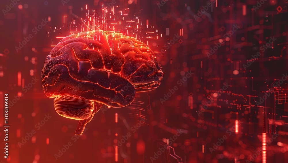 3D Rendering of a Glowing Human Brain in an Industrial Setting. 3D Rendering of a Glowing Human Brain in an Industrial Setting.