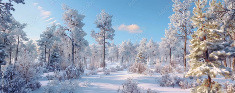 Obraz premium Winter forest with a dusting of snow and clear blue sky, 4K hyperrealistic photo,