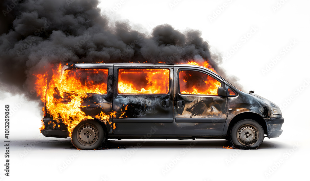 Fototapeta premium Burning van with flames and smoke design, isolated on a blue background design