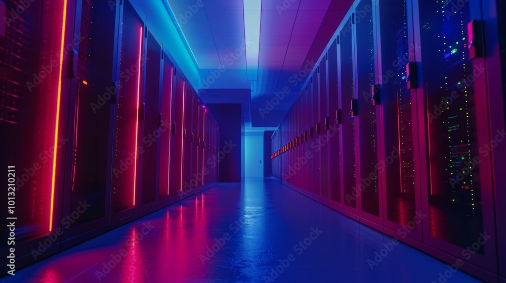 A modern data center corridor with vibrant blue and red lights, showcasing rows of servers in a sleek environment.