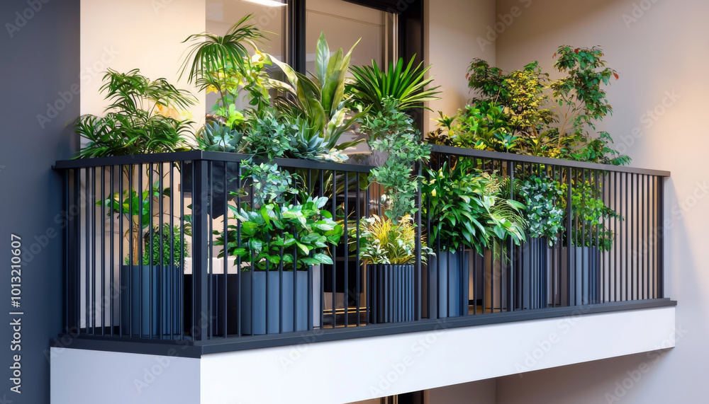Fototapeta premium A vibrant balcony garden filled with various potted plants, enhancing the outdoor space with greenery and natural beauty.