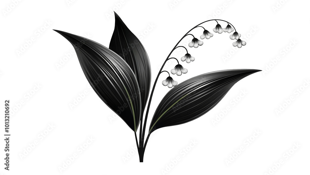 Fototapeta premium In front of a transparent background stands a delicate lily of the valley with small white bell-shaped flowers and dark green leaves. The elegant composition emphasizes the elegance of the flower.AI