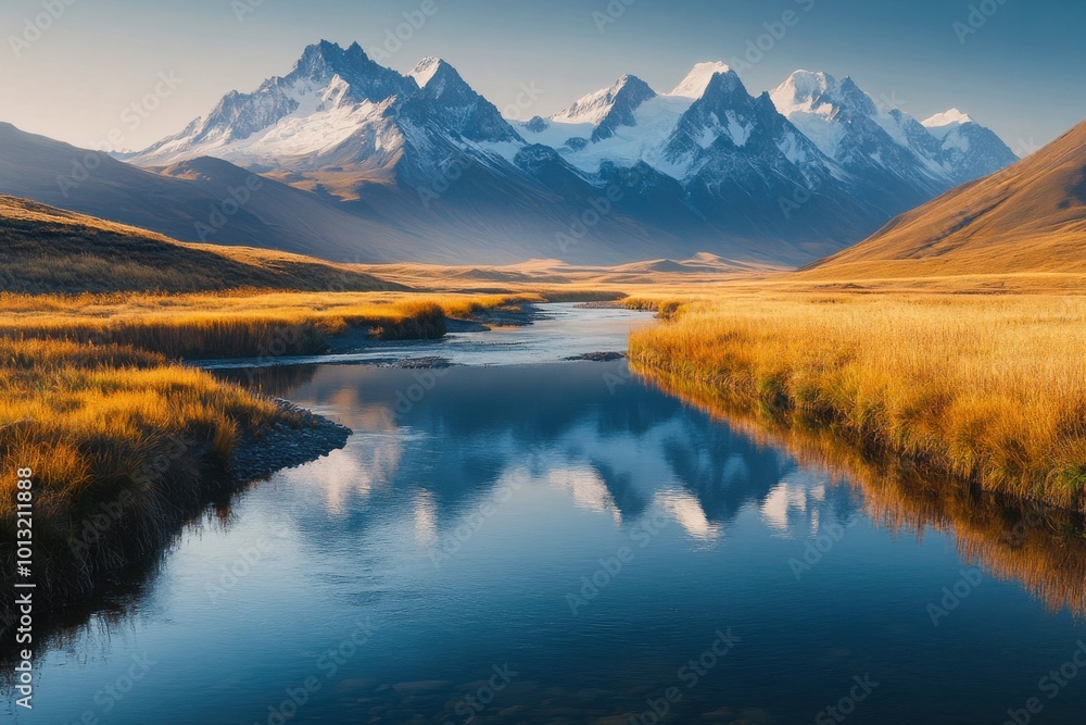 Fototapeta premium Majestic mountain range reflecting in serene river under blue sky during the day