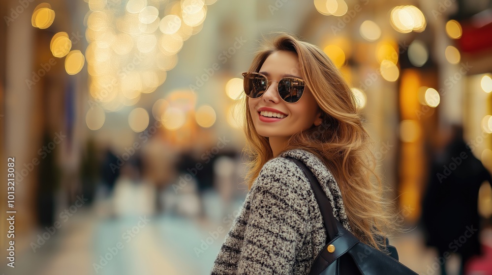 A stylish girl enjoys a cheerful moment while surrounded by elegant boutiques and soft lighting A stylish girl enjoys a cheerful moment while surrounded by elegant boutiques and soft lighting