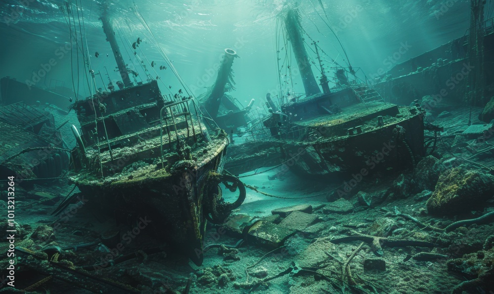 Mysterious subaquatic ruins of a merchant fleet, 4K hyperrealistic photo Mysterious subaquatic ruins of a merchant fleet, 4K hyperrealistic photo