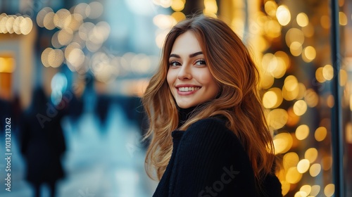 Amidst a backdrop of dazzling lights, a young woman beams with happiness while shopping