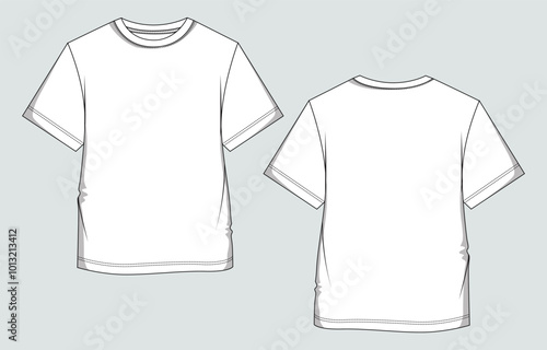 Short sleeve T shirt Technical Fashion flat sketch vector illustration template front and back views. Clothing design mock up for men's and boys.