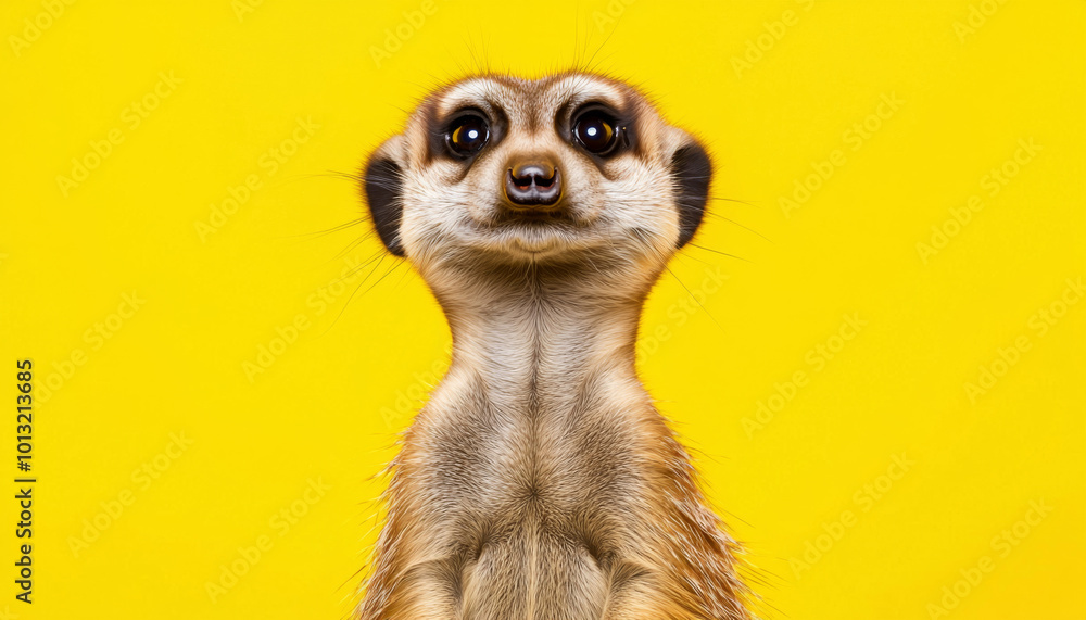 A close-up of a meerkat against a vibrant yellow background, showcasing its curious expression and unique features. A close-up of a meerkat against a vibrant yellow background, showcasing its curious expression and unique features.