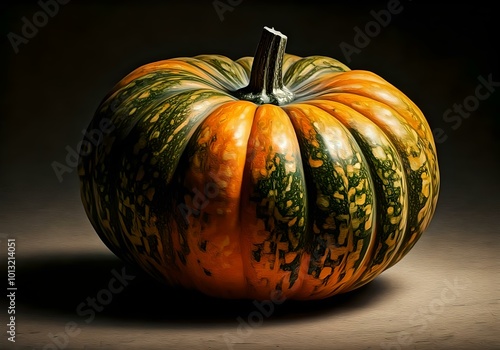 Big orange and green gourd, pumpkin isolated on black background macro photo