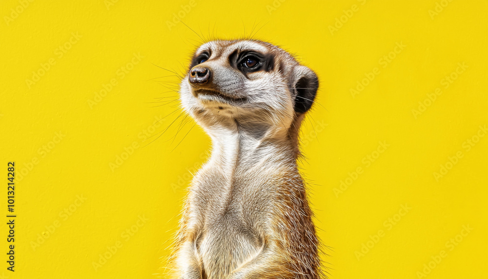 Fototapeta premium A close-up of a meerkat against a vibrant yellow background, showcasing its curious expression and distinctive features.