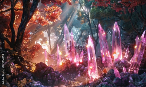 Crystal-laden woodland adorned with glowing formations and magical hues, 4K hyperrealistic photo