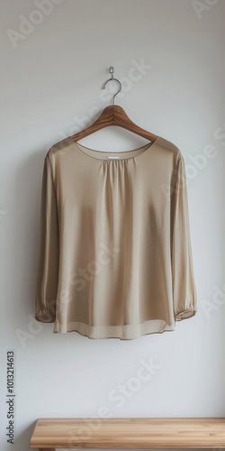 A minimalist scene featuring a sleek blouse on a wooden coathanger