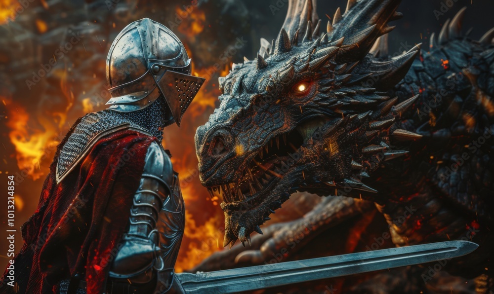 Brave knight in shining armor facing a fire-breathing dragon, 4K hyperrealistic photo. Brave knight in shining armor facing a fire-breathing dragon, 4K hyperrealistic photo.