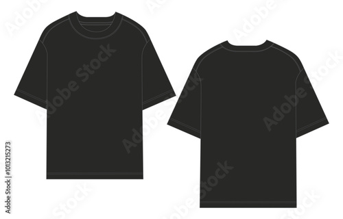 Short sleeve T shirt Technical Fashion flat sketch vector illustration  Black color template front and back views. Clothing design mock up for men's isolated on white background.