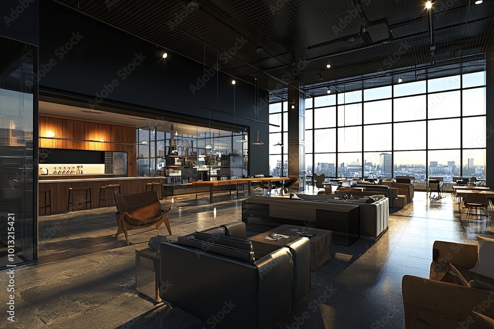 modern office interior design with an open space and a wooden desk, a sofa lounge area, and a glass wall in a black color background. Minimalist style interior concept idea for a business work environ modern office interior design with an open space and a wooden desk, a sofa lounge area, and a glass wall in a black color background. Minimalist style interior concept idea for a business work environ