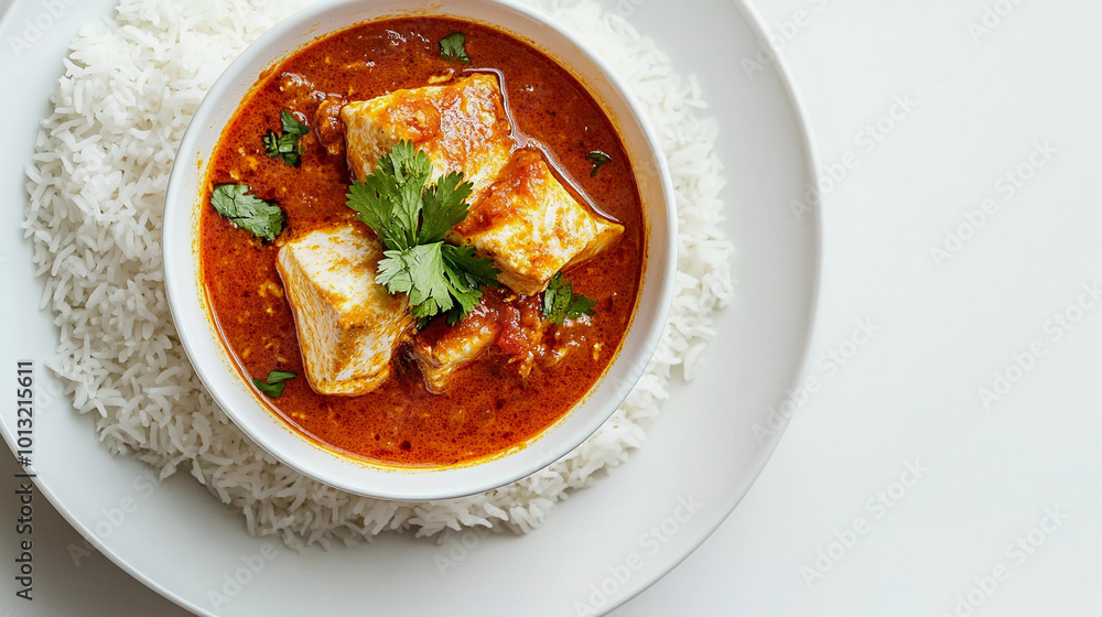 Fish curry with white rice top view Fish curry with white rice top view