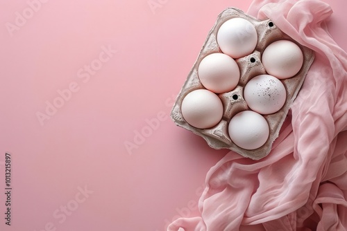 Organic eggs in a carton tray are showcased on a pastel pink background highlighting the zero waste concept The flat lay style creates a visually appealing copy space image photo