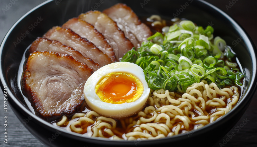 A delicious bowl of ramen featuring sliced pork, a soft-boiled egg, green onions, and noodles in a savory broth. A delicious bowl of ramen featuring sliced pork, a soft-boiled egg, green onions, and noodles in a savory broth.