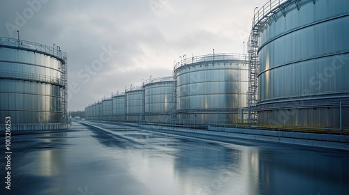 Row of industrial oil storage tanks in a refinery on a rainy day