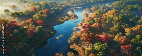 Peaceful river winding through a colorful autumn forest, 4K hyperrealistic photo