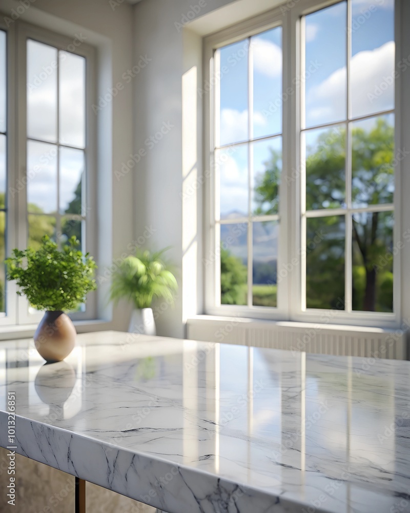 Fototapeta premium in the foreground there is a close-up of a white marble table, in the background there is a blurred background of a large window with a beautiful view and indoor plants on the windowsill