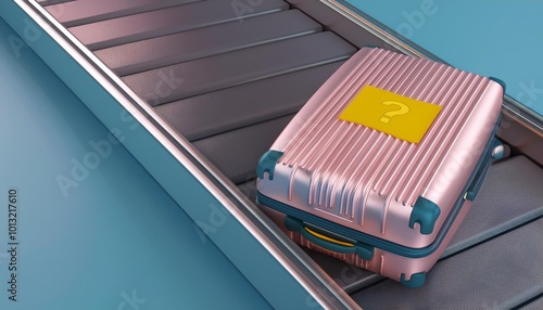 A pink suitcase conveyor belt at the airport with yellow lost sticker