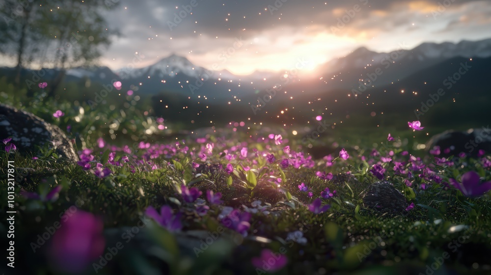Fototapeta premium surreal landscape filled with glowing plants and distant mountains in equidistant projection creating an imaginative scene