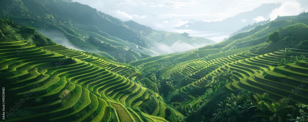 Verdant rice terraces carved into steep hillsides, 4K hyperrealistic photo Verdant rice terraces carved into steep hillsides, 4K hyperrealistic photo