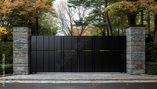A modern black gate flanked by stone pillars, set in a landscaped area with trees, suggesting privacy and elegance.