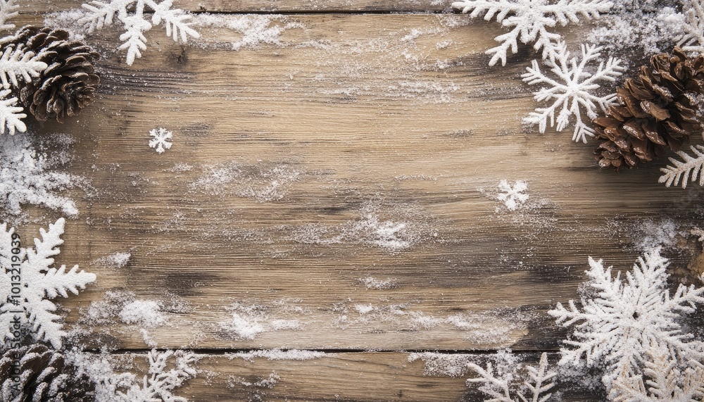 A wooden board with snowflakes around the edges, creating an enchanting winter background A wooden board with snowflakes around the edges, creating an enchanting winter background