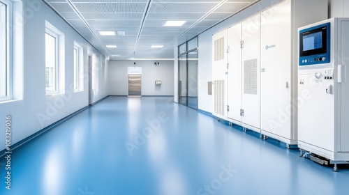 Modern Clean Room with Equipment and Blue Flooring