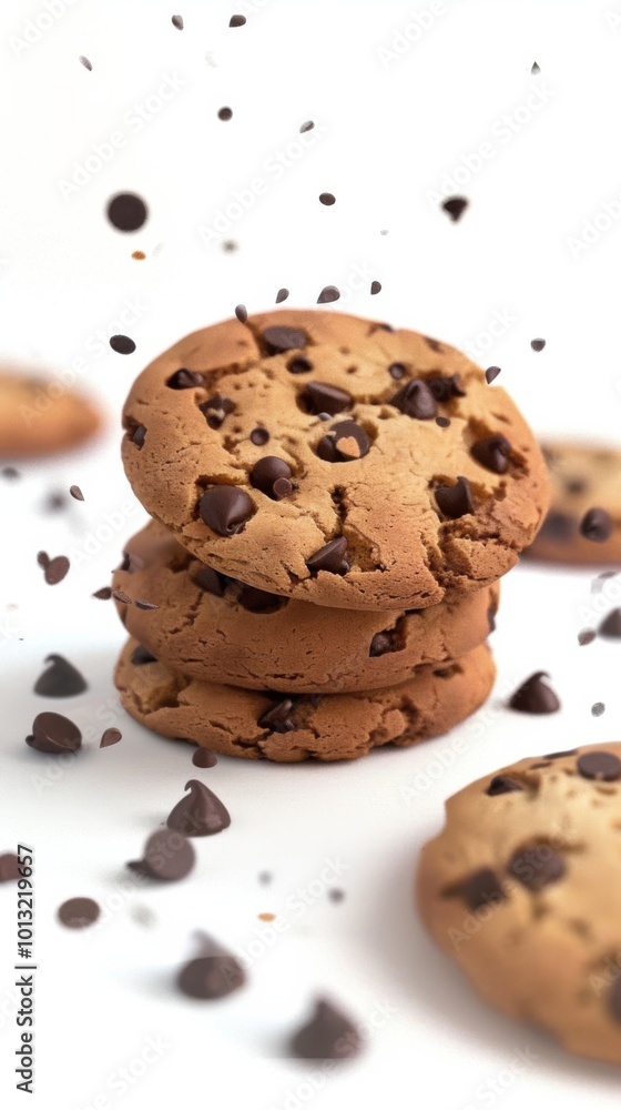 Freshly baked chocolate chip cookies, white background, 4K hyperrealistic photo Freshly baked chocolate chip cookies, white background, 4K hyperrealistic photo