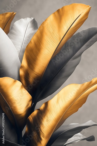 Close-Up of Banana Leaves with Gold Foil Accents on Gray Paper Background in Minimalist Style
