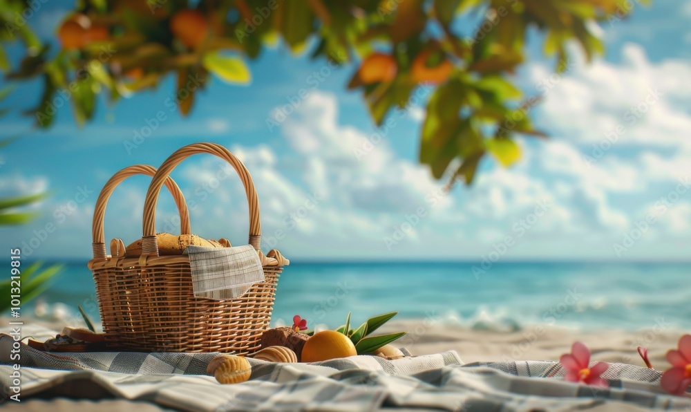 Picnic basket on the beach towel, 4K hyperrealistic photo Picnic basket on the beach towel, 4K hyperrealistic photo