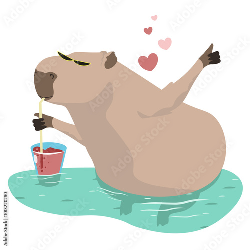 A cute capybara is relaxing in a puddle while drinking a cocktail