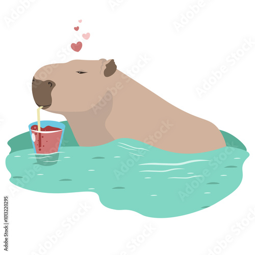 A cute capybara is relaxing in a puddle while drinking a cocktail