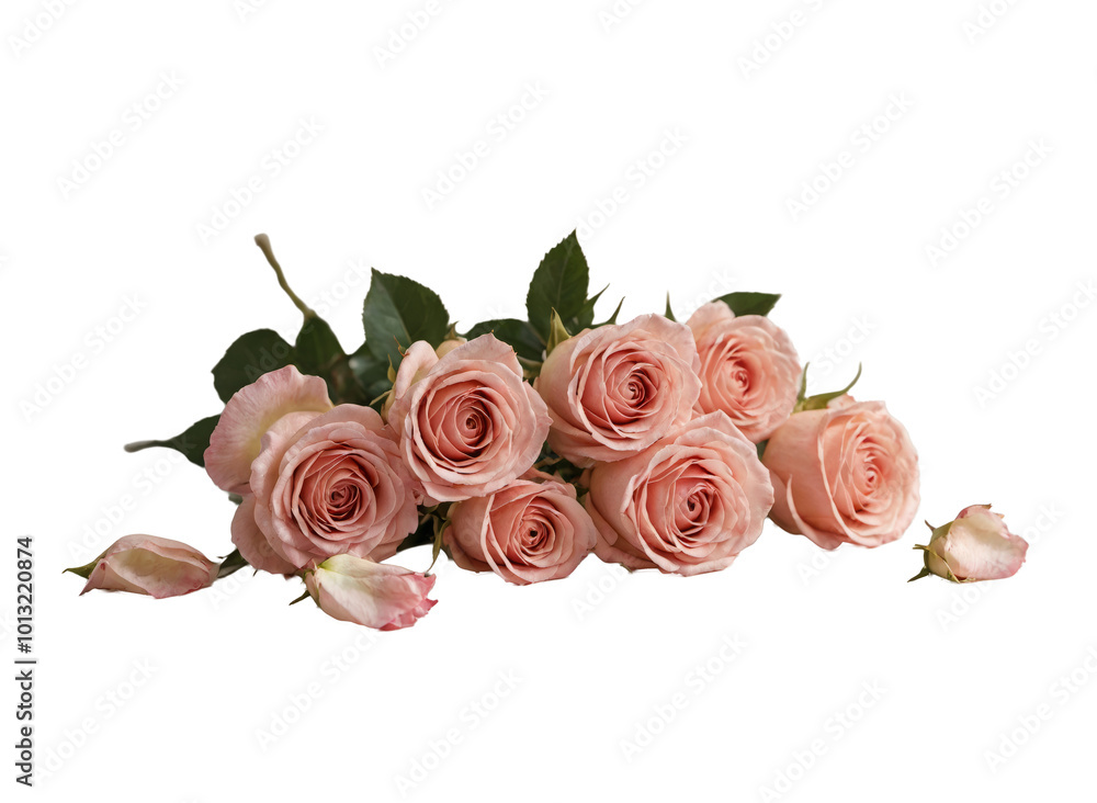 Naklejka premium A delicate arrangement of roses with scattered petals, isolated on a transparent background. Perfect for romantic, floral, and nature-themed designs. Ideal for wedding, love, or beauty concepts.