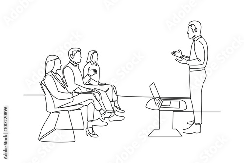 simple continuous line drawing of an employee is presenting a new project obtained by his company. Conference minimalist concept. Business minimalist concept. Simple line, vector.