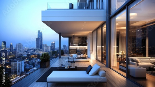 Modern Balcony View Over City Skyline at Dusk