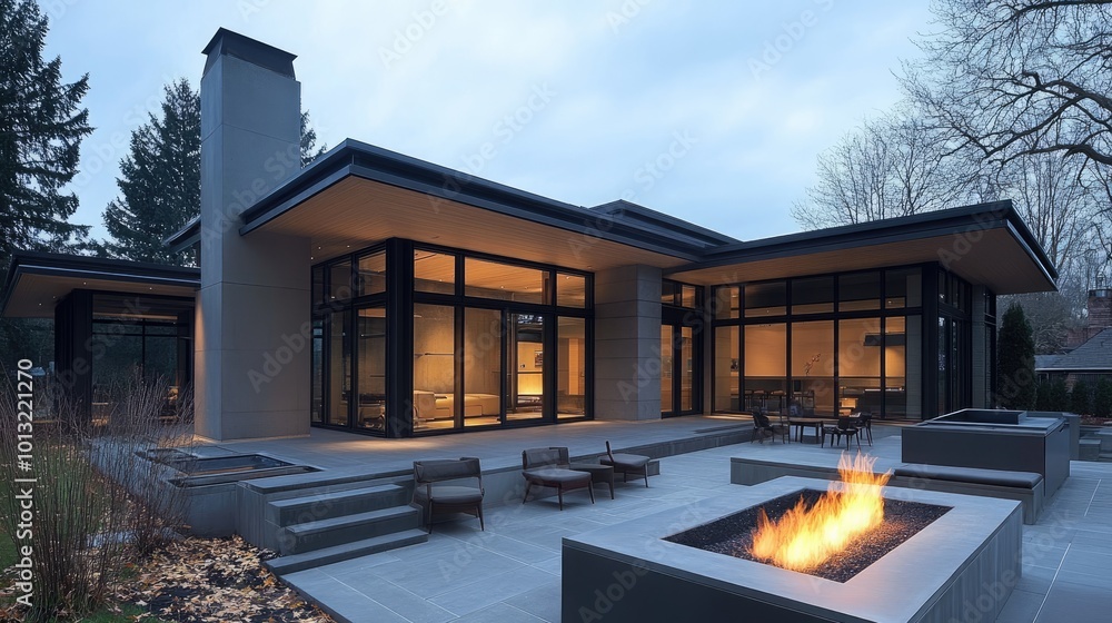 Modern Home with Outdoor Fire Pit and Evening Ambiance Modern Home with Outdoor Fire Pit and Evening Ambiance