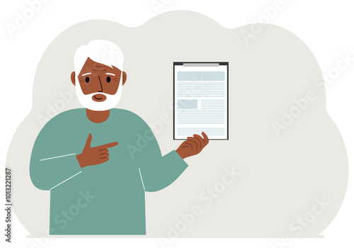 A man holds a contract or document in his hand. Lawyer. Vector flat illustration