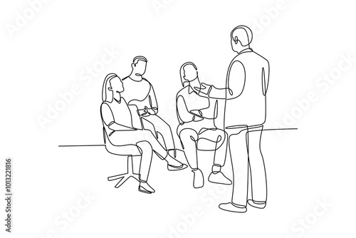 simple continuous line drawing of business man presentation at private company conference. Conference minimalist concept. Business minimalist concept. Simple line, vector.