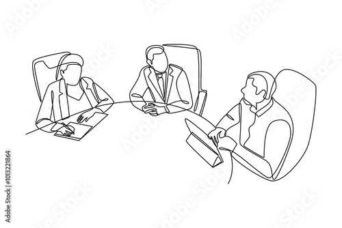 simple continuous line drawing of Young executives are having a meeting together in one room. Conference minimalist concept. Business minimalist concept. Simple line, vector.